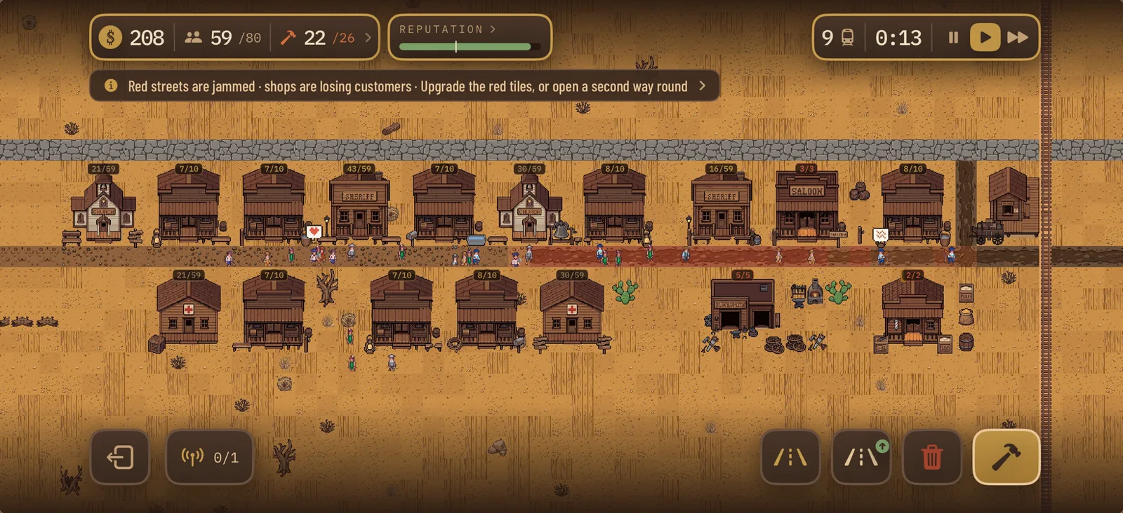 A western town of wooden houses, a saloon and a church along a railway line, with townspeople in the street.