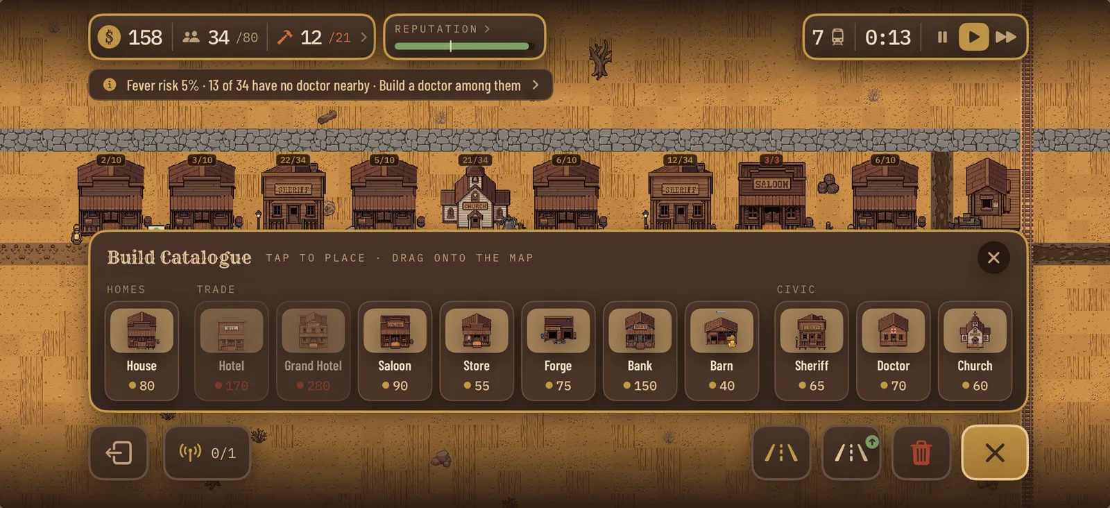 The build catalogue open over the town: houses, a hotel, a saloon, a store, a forge, a bank, a sheriff, a doctor and a church.