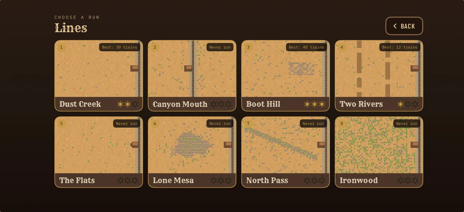 The line select screen with eight maps: Dust Creek, Canyon Mouth, Boot Hill, Two Rivers, The Flats, Lone Mesa, North Pass and Ironwood.